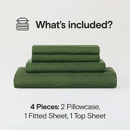 Sijo Stone Washed Organic French Linen Bed Sheet Set, GOTS Certified Organic, Best Cooling Linen Sheet Award by Sleep Foundation, 4 Piece - 2 Pillowcases, 1 Fitted and 1 Flat (Forest, King)