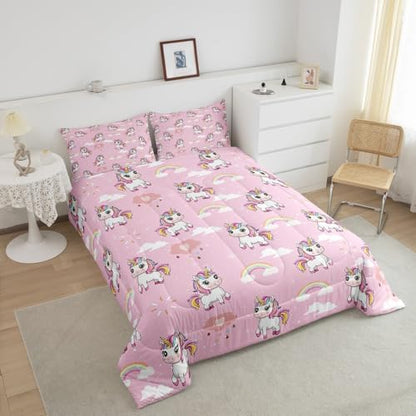 Homewish Cute Unicorn Bedding Set Cartoon Rainbow Comforter Set for Kids Boys Lovely Horse Comforter Kawaii Theme Quilt Set 1 Comforter Set with 1 Pillowcase Toddler Size