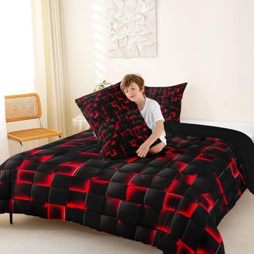 Erosebridal Boys Red and Black Comforter Set Queen Geometric Checkered Kids Bedding Set Teen Men Gaming Room Decor,Abstract Ombre Plaid Comforter Grids Quilt Duvet