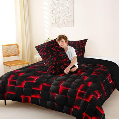 Erosebridal Boys Red and Black Comforter Set Queen Geometric Checkered Kids Bedding Set Teen Men Gaming Room Decor,Abstract Ombre Plaid Comforter Grids Quilt Duvet