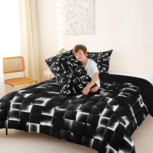 Erosebridal Geometric Checkered Comforter Queen Size Neon Black White Comforter Set for Kids Teen Men Gamer Room Decor,Abstract Ombre Plaid Bedding Set Grids Quilt Duvet