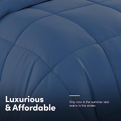 Sweet Home Collection 7 Piece Comforter Set Bag Solid Color All Season Soft Down Alternative Blanket & Luxurious Microfiber Bed Sheets, Denim, Queen