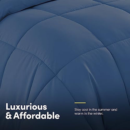 Sweet Home Collection 7 Piece Comforter Set Bag Solid Color All Season Soft Down Alternative Blanket & Luxurious Microfiber Bed Sheets, Denim, Queen