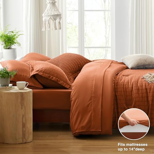 Love's cabin Seersucker Terracotta Queen Comforter Set