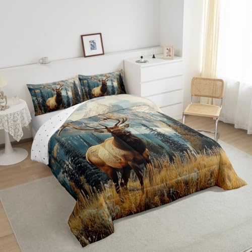 Feelyou Deer Comforter Set Queen Size, Deer Antler Bedding Sets, Rural Hunting Theme Down Comforter, Rustic Woodland Duvet Insert, Wild Animals Quilt for Bedroom Decor All Season,Soft Lightweight