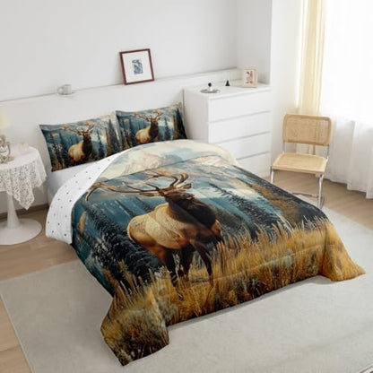 Feelyou Deer Comforter Set Queen Size, Deer Antler Bedding Sets, Rural Hunting Theme Down Comforter, Rustic Woodland Duvet Insert, Wild Animals Quilt for Bedroom Decor All Season,Soft Lightweight