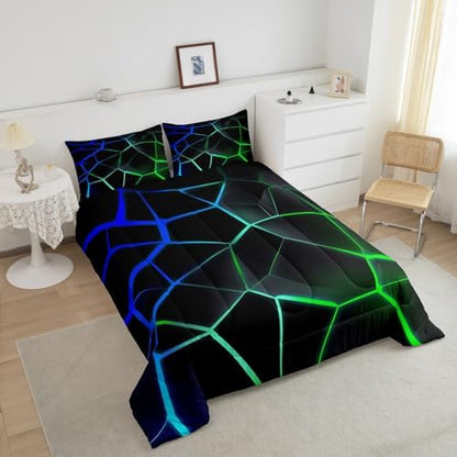 Feelyou Geometric Honeycomb Comforter Set Green Blue Stereoscopic Hexagon Comforter for Kids Boys Girls Beehive Hexagon Bedding Set Geometric Duvet Set Room Decor Quilt Twin Size Boys