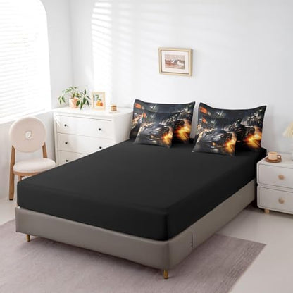 Erosebridal Black Race Car Bedding Set Twin,3D Sports Car Comforter Set,Fire Racing Car(Comforter+Fitted+Flat Sheet+2 Pillowcases+2 Throw Pillow Covers) 7 Pieces Bed Set for Boys Teens Youth