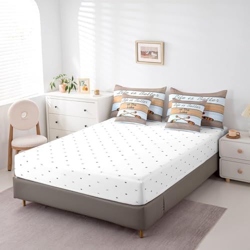 Erosebridal Rustic Boat Paddle Bedding Set for Kids Teens,Lake Life Comforter Set Full Size,Wooden Plank (Comforter+Fitted+Flat Sheet+2 Pillowcases+2 Throw Pillow Covers) 7 Pieces Bed Set