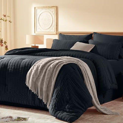 Laojin Balhen Twin Comforter Set 5 Pieces, Black Seersucker Bed in a Bag Set Twin Size, All Season Luxury Bedding Sets with Comforter, Sheets, Pillowcase & Sham