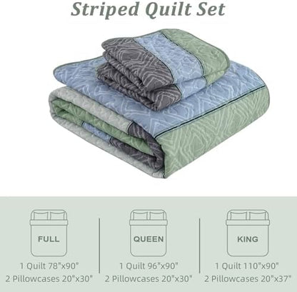 Cottolester Boho Full Quilt Set,Grey Green Striped Plaid Bedspread Coverlet