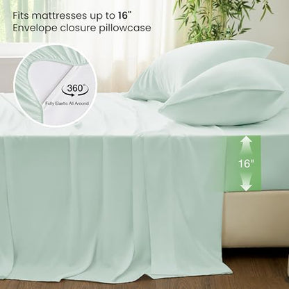 Love's cabin 4 Piece Queen Sheet Set, 100% Rayon Derived from Bamboo, Cooling & Breathable, Soft Silky Deep Pocket up to 16", Hotel Luxury Bedding for Hot Sleepers, Sea Glass