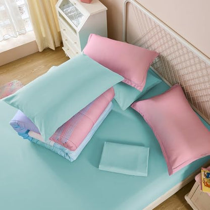 Dinjoy Girls Comforter Set Twin Size 5 Pieces Bed in A Bag Colorful Ombre Pink Green Rainbow Bedding Set for Kids Teen (1 Comforter, 1 Flat Sheet, 1 Fitted Sheet, 1 Pillow sham, 1 Pillowcases)
