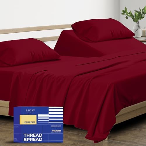 THREAD SPREAD Split King Sheet Set, Luxury 1000 Series Paradise Collection 100% Egyptian Cotton Split King Sheets Sets for Adjustable Bed (5 PC, Burgundy), Soft, 16" Deep Pocket Hotel Sheets