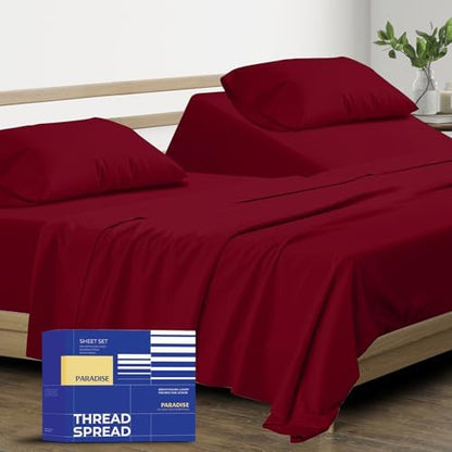 THREAD SPREAD Split King Sheet Set, Luxury 1000 Series Paradise Collection 100% Egyptian Cotton Split King Sheets Sets for Adjustable Bed (5 PC, Burgundy), Soft, 16" Deep Pocket Hotel Sheets