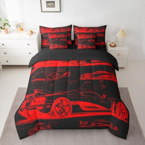 Feelyou Red Race Car Comforter Set with Sheets 7 Piece King Size Speed Sports Car Bed in a Bag Kids Boys Girls Extreme Sports Bedding Set Bedroom Decor Breathable Soft Lightweight Microfiber