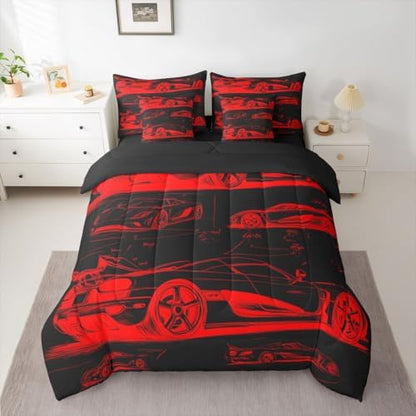 Feelyou Red Race Car Comforter Set with Sheets 7 Piece King Size Speed Sports Car Bed in a Bag Kids Boys Girls Extreme Sports Bedding Set Bedroom Decor Breathable Soft Lightweight Microfiber