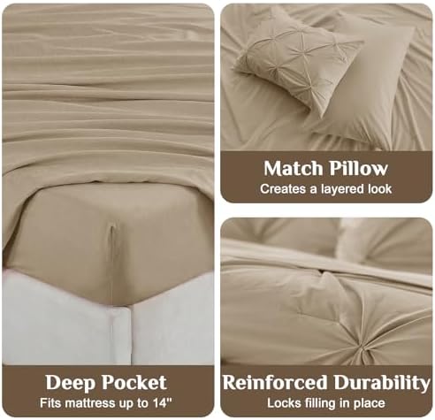 JOLLYVOGUE Full Size Comforter Sets 7 Pieces - Bed in a Bag Full for All Season, Pintuck Bedding Comforter Sets with Comforter, Flat Sheet, Fitted Sheet and Pillowcases & Shams, Dark Linen