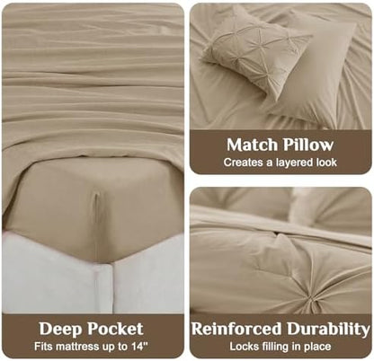 JOLLYVOGUE Full Size Comforter Sets 7 Pieces - Bed in a Bag Full for All Season, Pintuck Bedding Comforter Sets with Comforter, Flat Sheet, Fitted Sheet and Pillowcases & Shams, Dark Linen