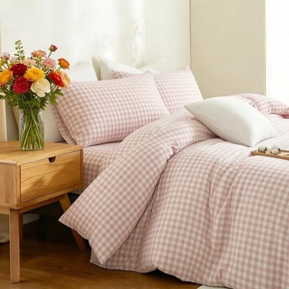 Gingham Duvet Cover Set 3 Piece 100% Washed Cotton Linen Feel Modern Plaid Checkered Bedding Comfy Breathable (Greyish Pink/White Gingham, Full)