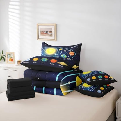Erosebridal Solar System Twin Comforter Set 7 Pieces, Galaxy Bed in A Bag, Outer Space Bedding Set with Comforters, Sheets, Pillowcases Starry Sky Universe Planets Bedroom Decor