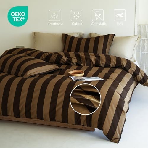 Twin Comforter Set 2 Pieces, 100% Cotton Brown and Beige Striped Bedding Set for All‑Season, Soft Hypoallergenic Reversible Comforter with 1 Pillow Sham
