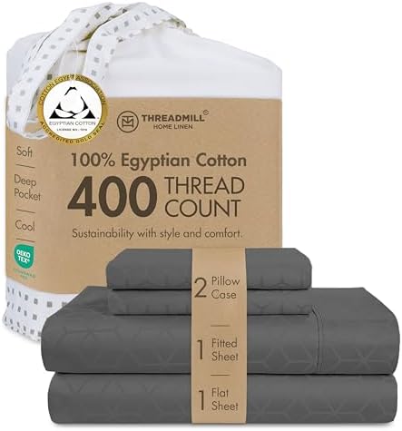 Threadmill Egyptian Cotton Sheets for King Size Bed | 100% Certified Egyptian Cotton King Bed Sheets Set | Snug Fit Elastic Deep Pocket King Sheets Soft, Breathable Damask Jacquard | Dark Grey