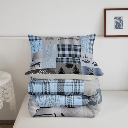 Rustic Patchwork Comforter Set,Blue Grey Checkered Plaid Quilt Set for Kids Teens Adult,Wild Animals Bear Elk Pine Trees Pattern Print Bedding Set Vintage Farmhouse Duvet Insert,King Size