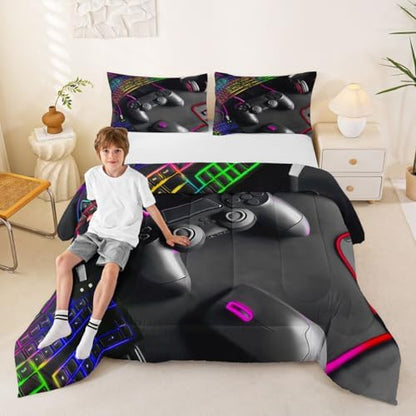 Feelyou Gamer Bedding Set Soft for Boys Girls, Gaming Comforter Set Full Size Game Room Decor Duvet Quilt Microfiber Gamepad Bedroom Decor Purple Yellow 3 Pcs with 2 Pillow Cases