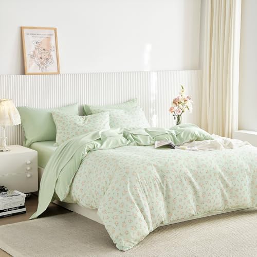 Wake In Cloud - Floral Comforter Set with Sheets, Coquette Cottagecore Aesthetic Flower Shabby Chic Pattern for Women Teen Girls, 5 Pieces Bed in a Bag, Green Pink, Twin Size