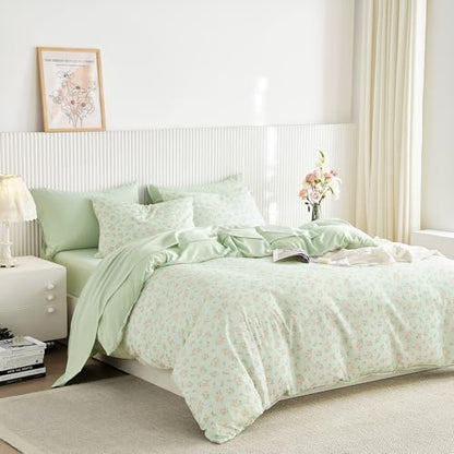 Wake In Cloud - Floral Comforter Set with Sheets, Coquette Cottagecore Aesthetic Flower Shabby Chic Pattern for Women Teen Girls, 5 Pieces Bed in a Bag, Green Pink, Twin Size