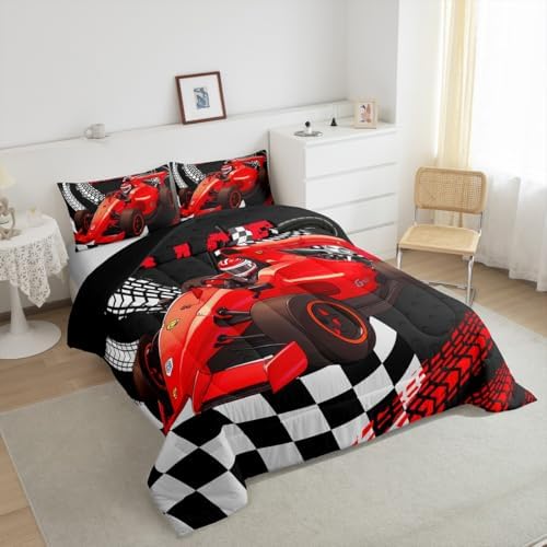 Go Kart Toddler Race Car Bed for Boys,Black and White Buffalo Checkered Drift Kart Queen Comforter Set Toddler Bedding Set,Square Grid Plaid Lattice Quilt,Red Karting Extreme Sport Duvet Insert