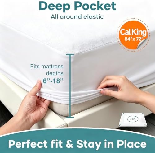 OhGeni Waterproof Mattress Protector, California King Size Mattress Pad Fitted with Deep Pocket 6"-18", Breathable Soft, Washable DirtProof Mattress Cover, White, More Than 99 pcs fibers, Daybed Cover