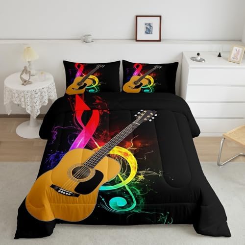 Erosebridal Guitar Bedding Set for Kids Boys Girls Teens Rainbow Musical Notes Comforter Set Full Size Rock Music Quilt Duvet Sets 3D Electric Guitar Down Comforter Bedroom Decor Black 3 Pcs