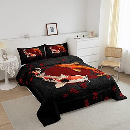 Koi Fish Kids Comforter Set Queen Size,Marine Animals Cherry Blossom Branch Romantic Bedding Set,Girls Boys Adults Xmas Decor,Japanese Ukiyo-e Down Comforter,Red Black Duvet Insert,2 Pillowcases