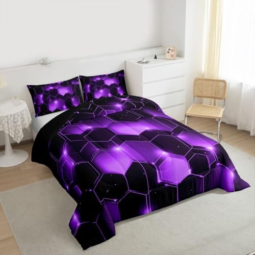 Feelyou Geometrics Honeycomb Comforter Set King Size, Purple Black Beehive Hexagon Comforter for Kids Toddler Geometrical Bedding Set Hexagonal Geometrical Duvet Set Durable Quilt Set King Size
