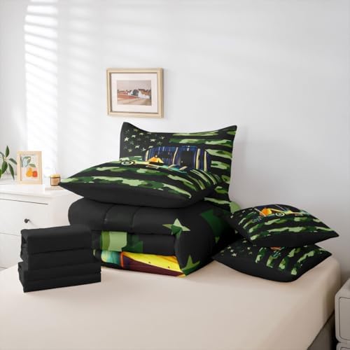 Erosebridal American Flag Camo 7 Piece Comforter Set Twin Bed in A Bag Happy Camping Bedding Set for Boys Girls Kids Army Green Camoflage Sheet Set with Comforter Camper Car Campsite Duvet Insert