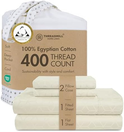 Threadmill 400TC Egyptian Cotton King Sheet Set, Sateen, Jacquard, Ivory