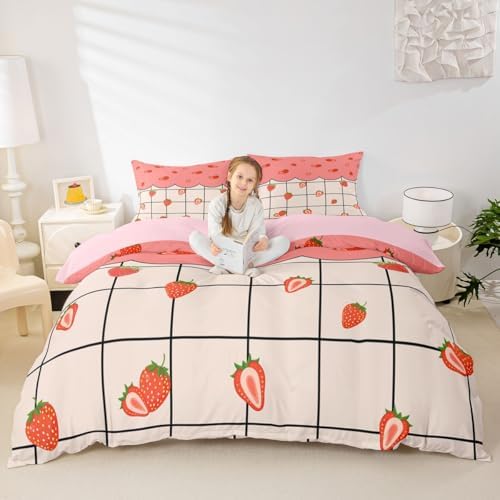 Erosebridal Kawaii Room Decor Duvet Cover for Boys Kids Girls Strawberry Comforter Cover Ultra Soft Bedding Set Cute Fruit Strawberry Bedding,1 Duvet Cover + 2 Pillowcases,Queen