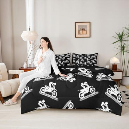 Feelyou Motocross Stunt Silhouette Comforter Set with Sheets 7 Piece Twin Sporty Stunt Design Bed in a Bag Dirt Bike Bedding Set Outdoor Sports Room Decor Motorcycle Art Breathable Soft Lightweight