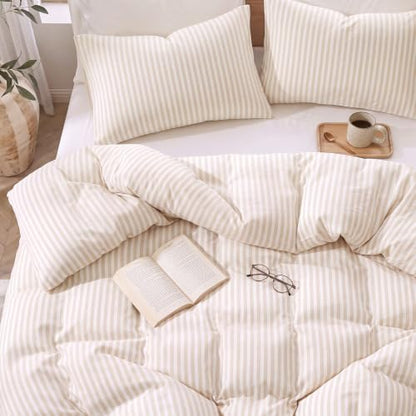 Bedbay 100% Cotton Striped Duvet Cover Set Queen Size, Beige Stripe Bedding, 300TC Cotton Sateen Duvet Cover, Soft Smooth Breathable Farmhouse Sateen Set, 3 Pieces