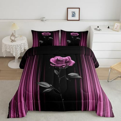 Feelyou Abstract Ombre Comforter Set King Size Kids Romantic Rose Comforter for Boys Girls Teens Purple Pink Bedding Set Geometric Striped Duvet Set Room Decor Quilt Set
