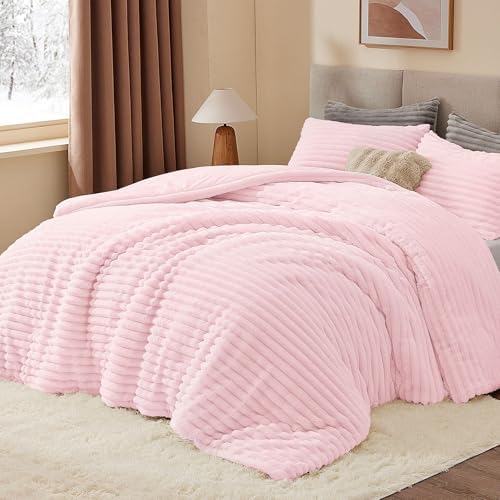 BEDELITE Fleece Oversized Queen Comforter Set,Fluffy Bed Set,Cherry Blossom