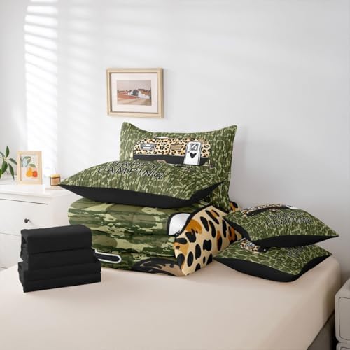 Erosebridal Happy Camping 7 Pieces Bedding Set Green Camouflage Twin Comforter Set for Boys Girls Leopard Print Camper Car Bed in A Bag with Flat and Fitted Sheet Camo Cheetah Pattern Wild Bed Set