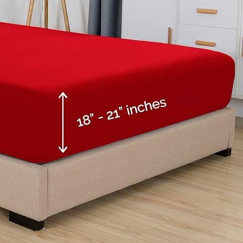Elegant Comfort 1500 Premium Hotel Quality 18-21 Inches Deep - Extra Deep Pocket Single Fitted Sheet for High Mattress, Luxury and Softest, Smart Pocket - Wrinkle Free, Queen, Red