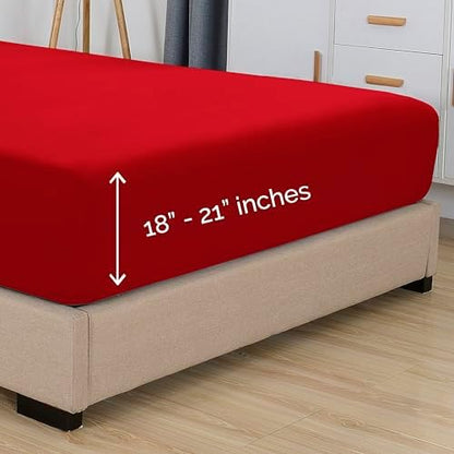 Elegant Comfort 1500 Premium Hotel Quality 18-21 Inches Deep - Extra Deep Pocket Single Fitted Sheet for High Mattress, Luxury and Softest, Smart Pocket - Wrinkle Free, Queen, Red