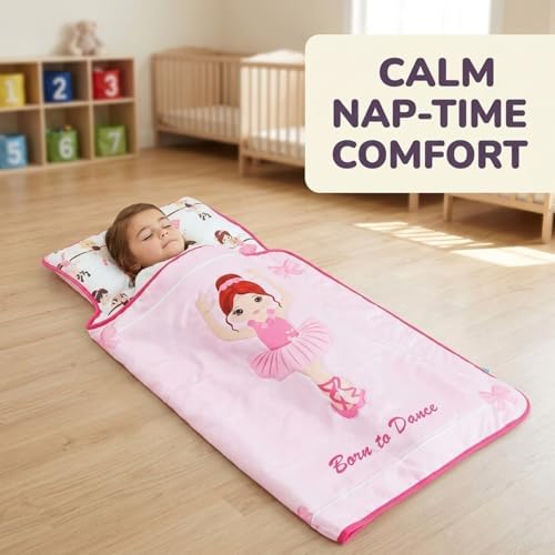 EVERYDAY KIDS Toddler Nap Mat with Removable Pillow -Born to Dance Ballerina- Carry Handle with Straps Closure, Rollup Design, Soft Microfiber for Preschool, Daycare, Sleeping Bag - Ages 2-6 Years