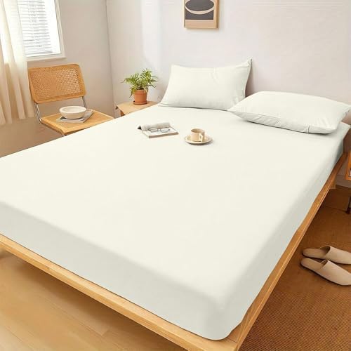 1 Piece Queen Size Fitted Sheet Only, 15-Inch Deep Mattress, Ivory Solid