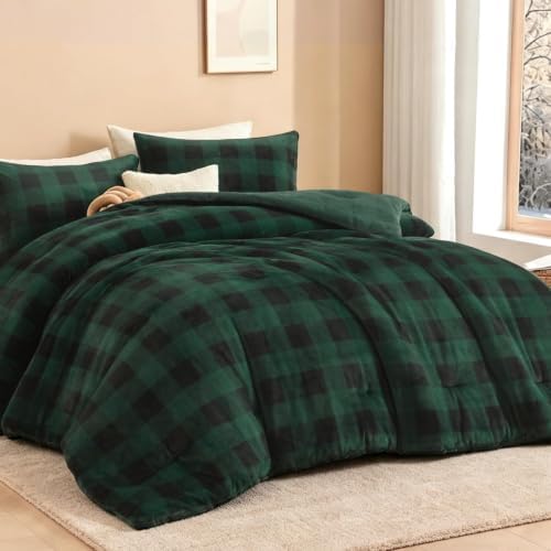 Litanika Velvet Flannel Plaid Comforter Set Twin, 3 Pcs Green Blanket