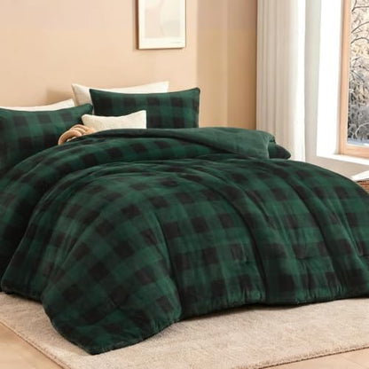 Litanika Velvet Flannel Plaid Comforter Set Twin, 3 Pcs Green Blanket